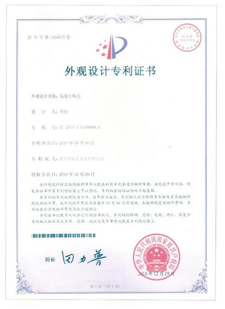 China Fuan Zhongzhi Pump Co., Ltd. certificaten